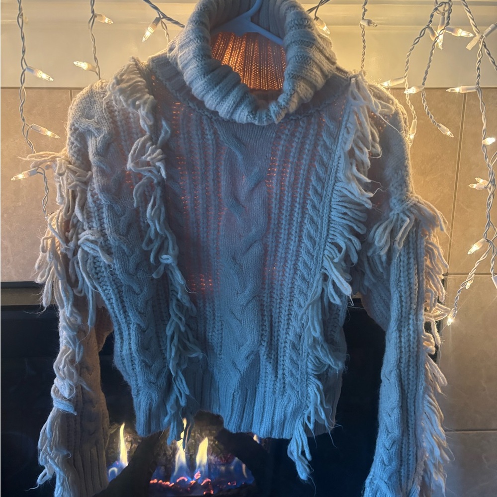 Forever 21 Fringe Cable Knit Turtleneck Sweater - Gray